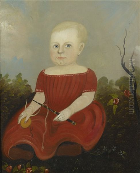 Portrait Of A Child In A Red Dress Holding A Toy Whip Oil Painting by Sturtevant J. Hamblen