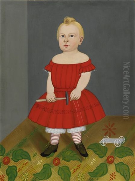 Portrait Of A Boy In A Red Dress Holding A Hammer With A Toy Cart On A Patterned Rug Oil Painting by Sturtevant J. Hamblen