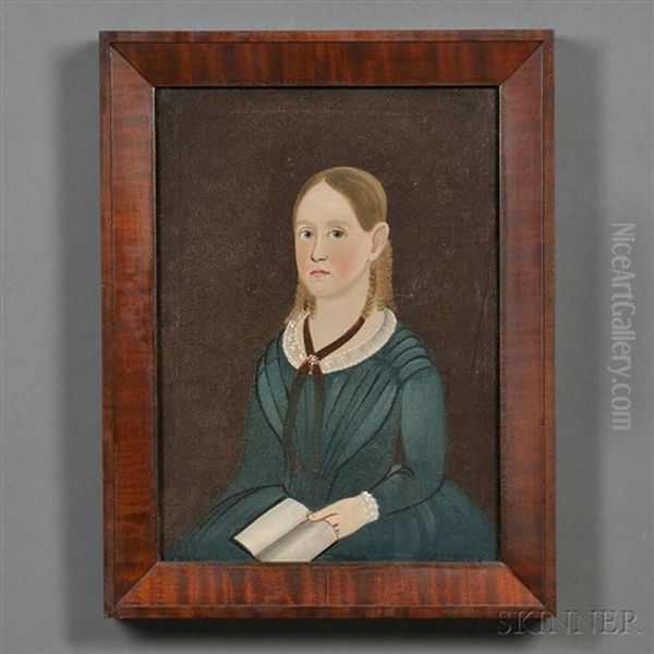 Portrait Of A Girl In Blue Dress Holding A Book Oil Painting by Sturtevant J. Hamblen