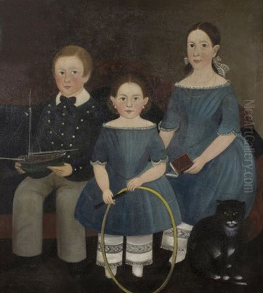 Portrait Of Three Brown Family Children With Boat, Hoop And Cat Oil Painting by Sturtevant J. Hamblen