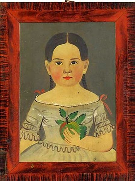 Portrait Of A Young Girl With Black Braids, Wearing A Gray Dress And Holding A Green Apple Oil Painting by Sturtevant J. Hamblen