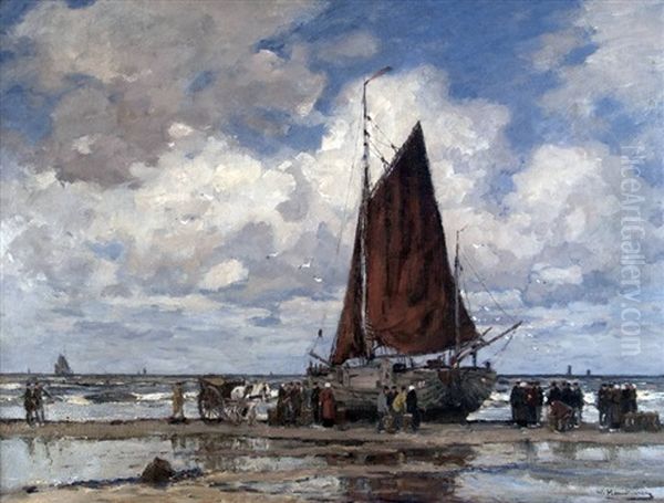 Fishermen At The Boats Oil Painting by Wilhelm Hambuechen