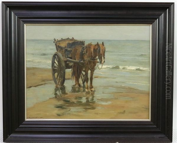 Strandscene Met Paard Ingespannen Voor De Tweewielige Kar Van De Schelpenvisser Oil Painting by Wilhelm Hambuechen