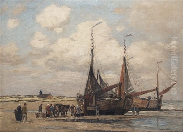 Fishermen At The Boats Oil Painting by Wilhelm Hambuechen