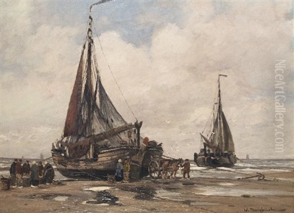 Fishing Boats At The North Sea Oil Painting by Wilhelm Hambuechen