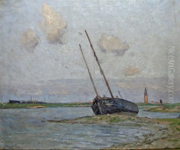 Ruhendes Fischerboot Vor Dem Kustenort Oil Painting by Wilhelm Hambuechen