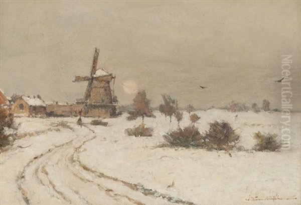 Winterlandschaft Mit Windmuhle Oil Painting by Wilhelm Hambuechen