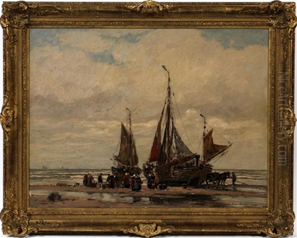 Sailboats At Beach Oil Painting by Wilhelm Hambuechen