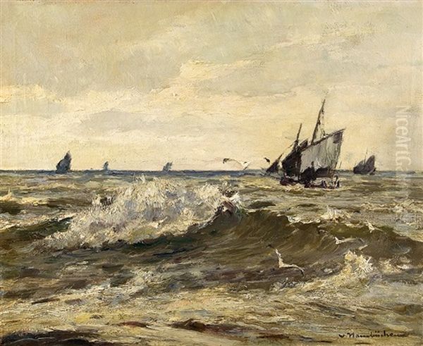 Mowen Vor Den Fischerbooten Oil Painting by Wilhelm Hambuechen