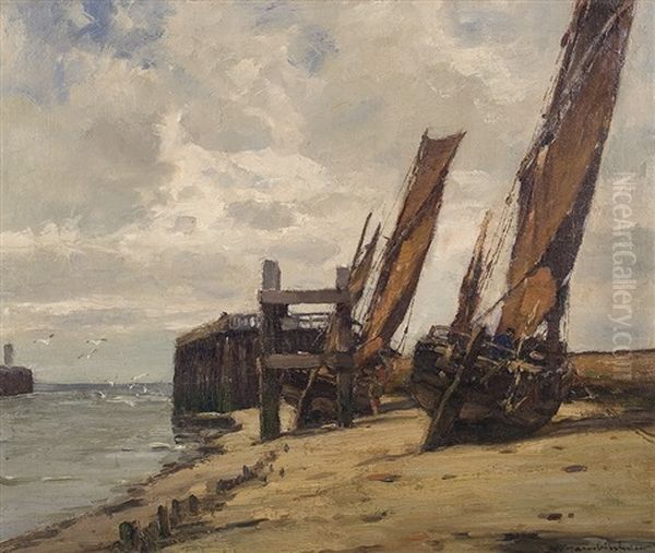 Fishing Boats Laid Down On Keel Oil Painting by Wilhelm Hambuechen