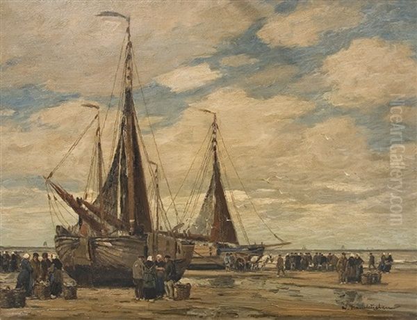 Busy Seaside Oil Painting by Wilhelm Hambuechen