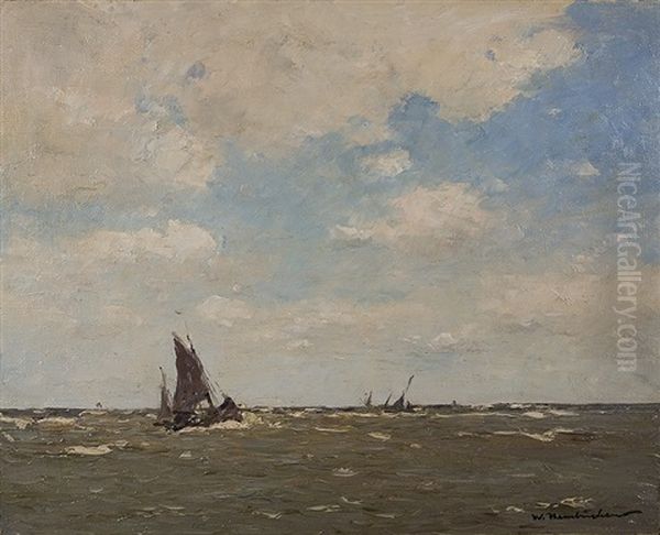 Fishing Boats At Sea Oil Painting by Wilhelm Hambuechen