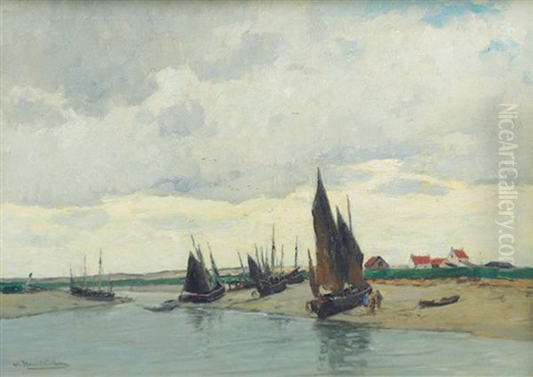 Fishing Boats At Low Tide Oil Painting by Wilhelm Hambuechen