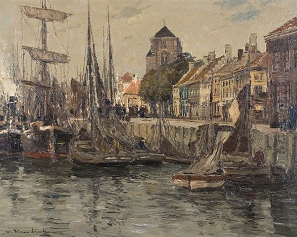 Dutch Seaport Oil Painting by Wilhelm Hambuechen