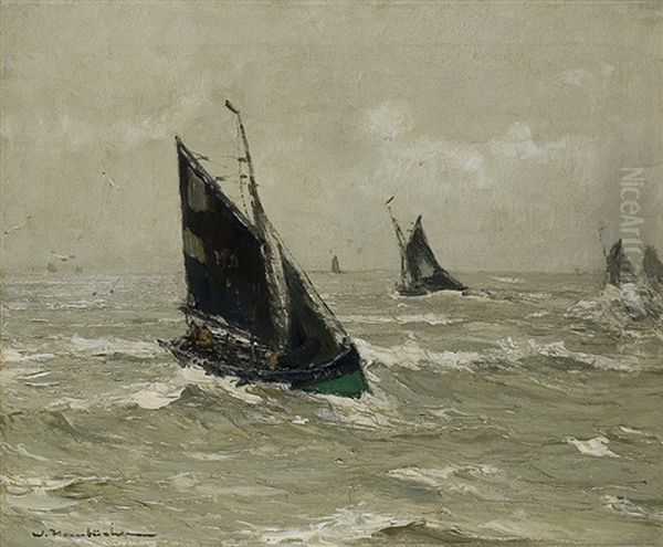 Fishing Boats On The High Sea Oil Painting by Wilhelm Hambuechen