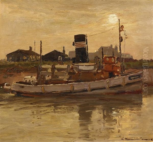 Kutter In Niederrheinischer Flusslandschaft Oil Painting by Wilhelm Hambuechen