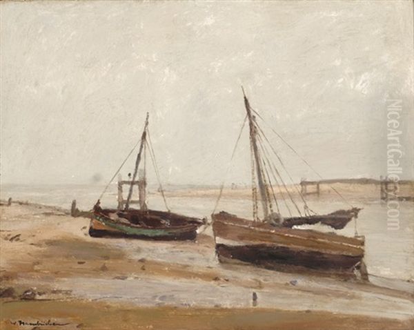 The Ijzer With Two Boats Oil Painting by Wilhelm Hambuechen