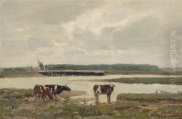 Cows By The River The Ijssel Oil Painting by Wilhelm Hambuechen