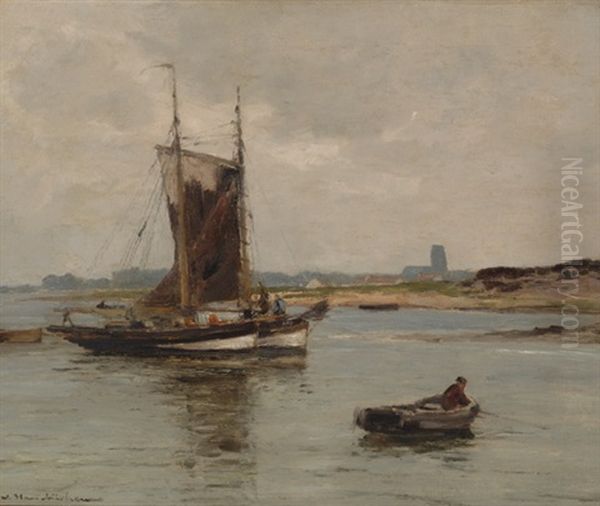 Boats On A River Oil Painting by Wilhelm Hambuechen