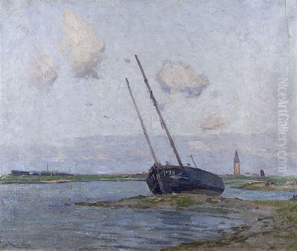 Ruhendes Fischerboot Vor Dem Kustenort Oil Painting by Wilhelm Hambuechen