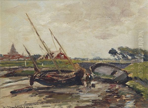 Ships In A Canal At Ebb Tide Oil Painting by Wilhelm Hambuechen