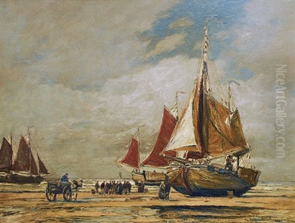 The Arrival Of The Fishing Boats Oil Painting by Wilhelm Hambuechen