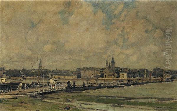 Koln. Der Rhein Bei Mulheim Mit Der Alten Schiffbrucke Oil Painting by Wilhelm Hambuechen