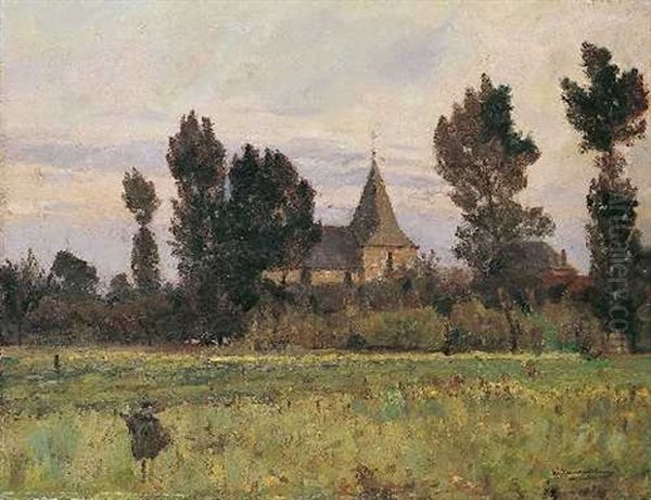 Weidelandschaft Mit Dorfkirche Oil Painting by Wilhelm Hambuechen