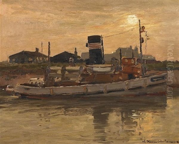 Fischkutter Im Abendlicht. Im Hintergrund Die Silhouette Einer Kleinen Stadt Oil Painting by Wilhelm Hambuechen