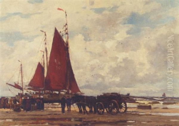 Fischer Am Strand Von Katwijk Oil Painting by Wilhelm Hambuechen