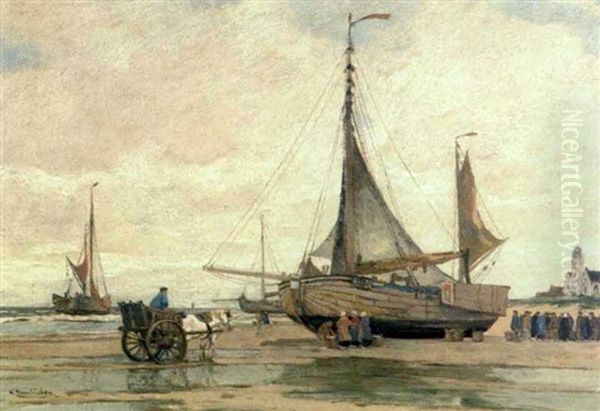 Strandszenerie Mit Segelbooten, Pferdefuhwerk Und Fischern Mit Ihren Vom Fang Gefullten Korben Oil Painting by Wilhelm Hambuechen