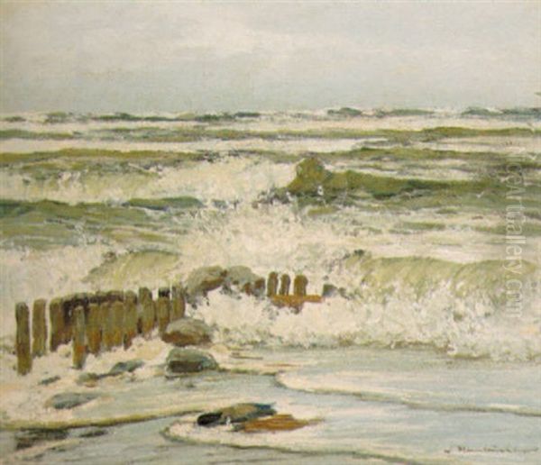 Kystparti Med Bolger, Der Brydes Mod Stranden Oil Painting by Wilhelm Hambuechen