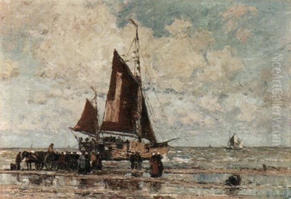 Fishing Boat On A Beach Oil Painting by Wilhelm Hambuechen