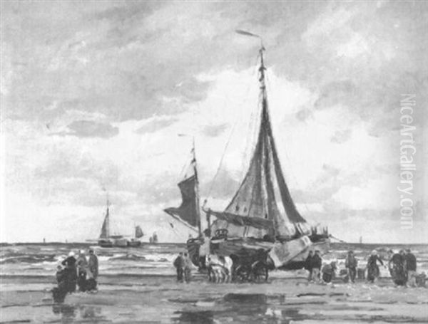 Strandszene Mit Anlegenden Schiffen Und Einem Pferdefuhrwerk Oil Painting by Wilhelm Hambuechen