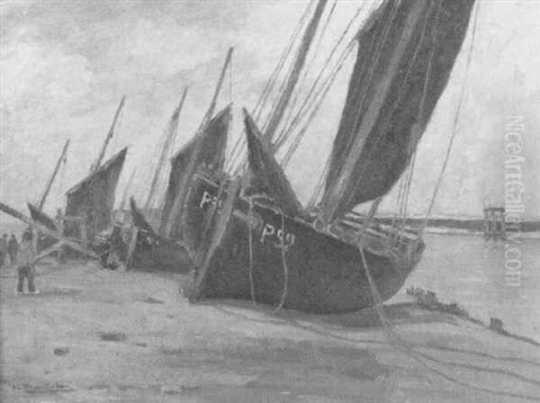 Nordseekuste Mit Angelandeten Fischerbooten Oil Painting by Wilhelm Hambuechen