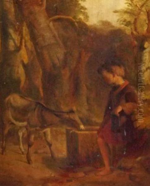 Young Boy With Donkey Drinking From A Well Oil Painting by Samuel Baldwin