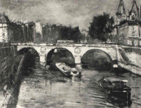 Blick Auf Eine Brucke Mit Schiffen Und Hausern Oil Painting by Wilhelm Hambuechen