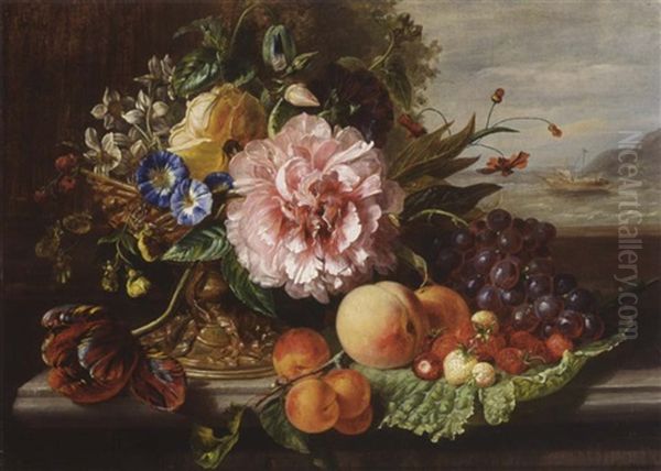 A Still Life With Flowers And Fruit Oil Painting by Helen Hamburger