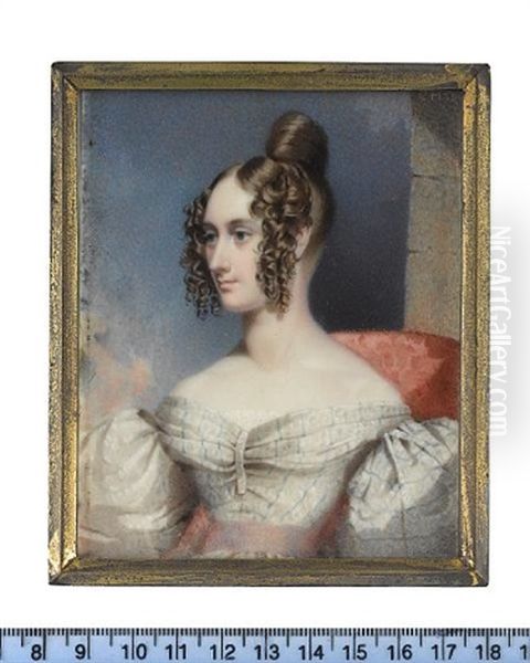 A Lady, Wearing White Dress With Blue Stripes, Puff Sleeves, Pink Sash And Lace Slip, Her Hair Upswept And Parted At The Front With Ringlets To The Side Oil Painting by Johann Conrad Hamburger