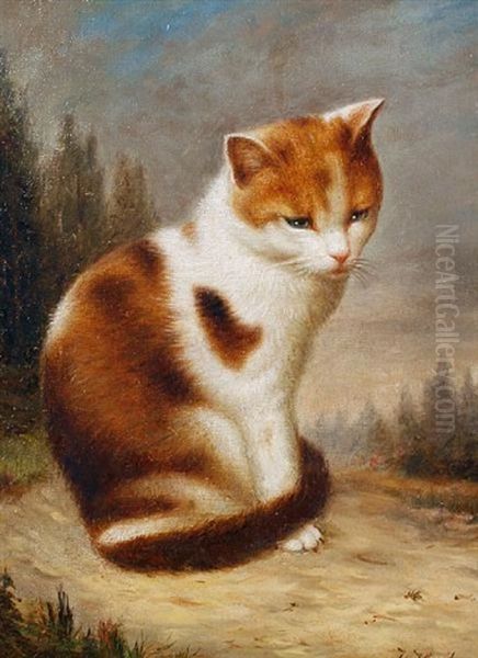 A Cat In A Landscape Oil Painting by Julius Hamburger