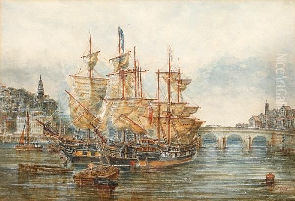 Ships At Anchor Before A Town And Bridge Oil Painting by W.T. Baldwin