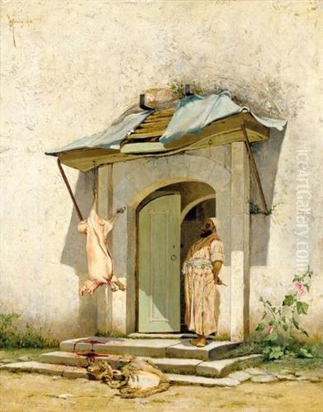 Butcher Outside A Doorway Oil Painting by Osman Hamdi Bey