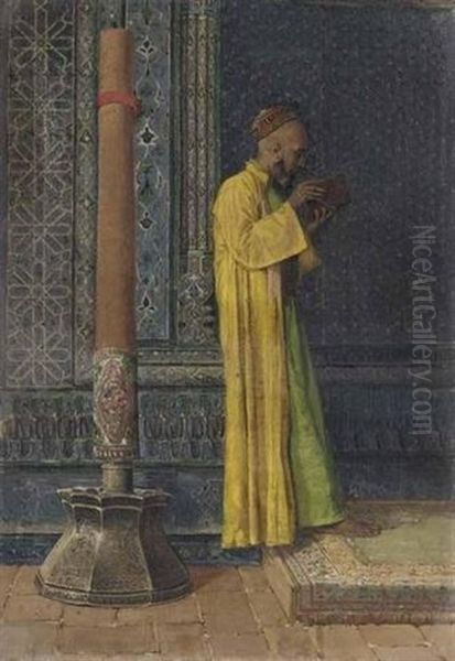 Interior Of A Mausoleum With A Figure Reading Oil Painting by Osman Hamdi Bey