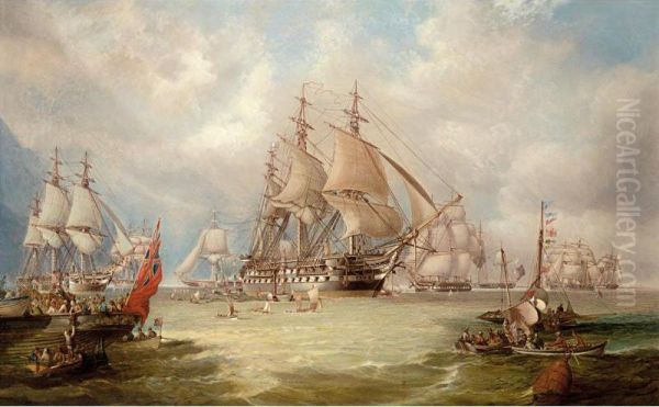 H.m.s. Edgar With The Channel Squadron, The Liverpool, The Warrior, And The Black Prince Nearby Oil Painting by W.T. Baldwin