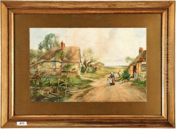 Cottages/figures Landscape In Distance Oil Painting by Charles Henry C. Baldwyn