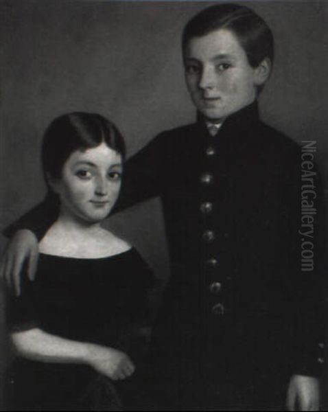 Victorian Portrait Of A Brother And Sister In A Landscape Oil Painting by Theophile Hamel