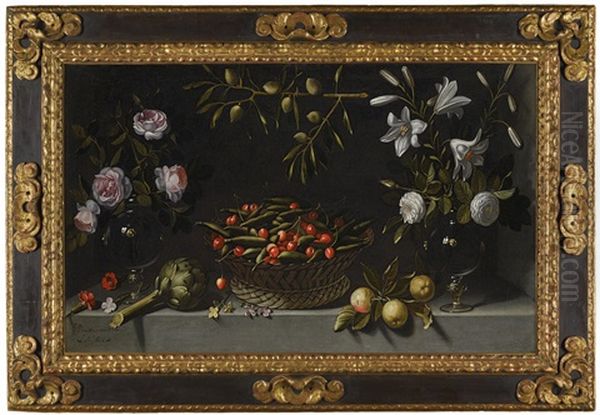 Basket Of Peas And Cherries With Vases Of Flowers Oil Painting by Juan Van Der Hamen Y Leon