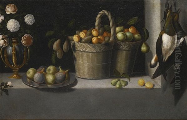 Still Life Of Roses In A Parcel Gilt Vase, Figs On A Pewter Dish And Two Baskets Of Peaches, Plums And Pears On A Stone Ledge With A Brace Of Lapwing Oil Painting by Juan Van Der Hamen Y Leon