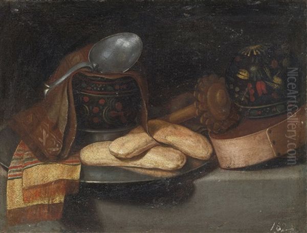 A Chocolate Service With A Wooden Box Of Packed Chocolate, Two Lacquered Gourd Drinking Bowls, A Wooden Milk Whisk, Napkins, A Spoon And Pastries On A Pewter Plate Oil Painting by Juan Van Der Hamen Y Leon