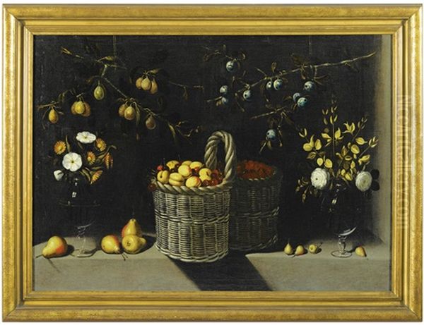 Still Life With A Basket Of Apricots And Cherries, Vases Of Flowers, And Hanging Branches Of Mirabelle And Sloe Plums Oil Painting by Juan Van Der Hamen Y Leon